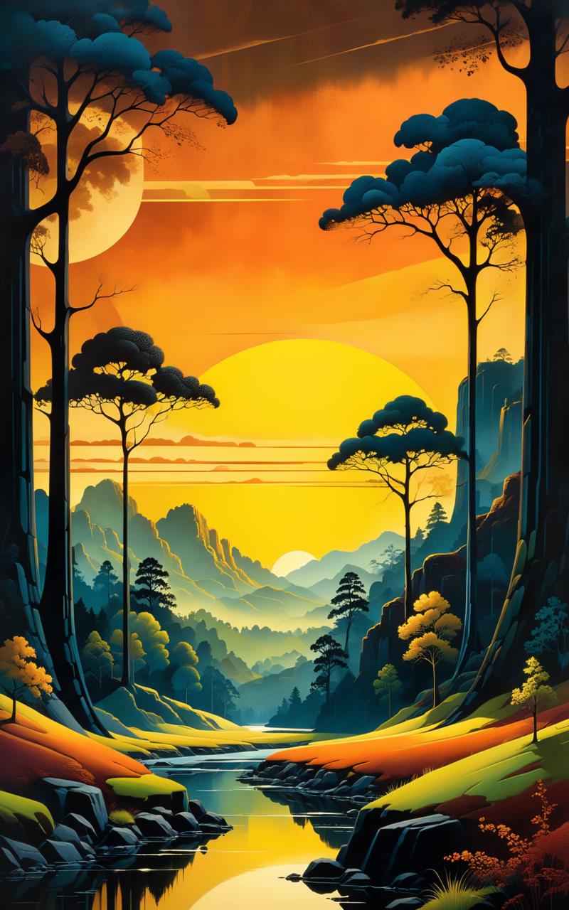 05602-3948574897-Create a painting of the base image landscape in the style of Eyvind Earle, complex background, medium_ old film grain, tetradic.png